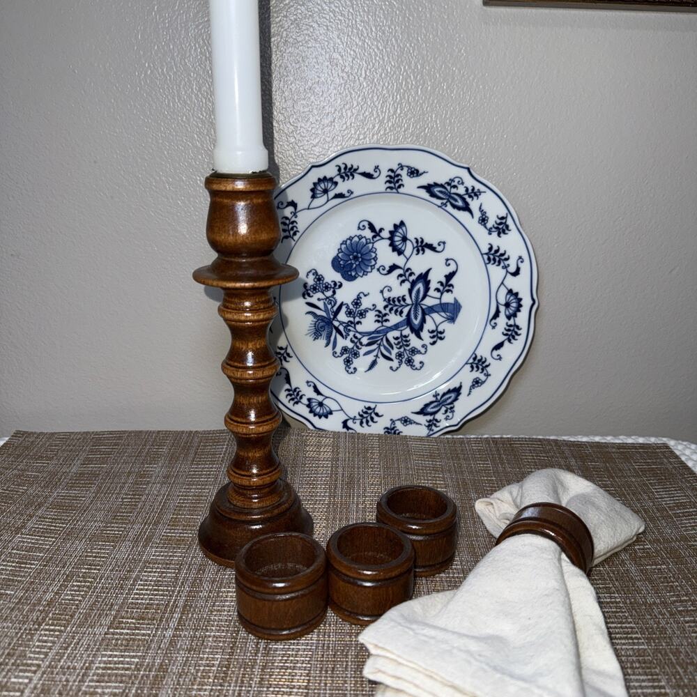 Vtg Wood Candlestick Napkin Ring Holder Set 4 Rustic Turned Wood Rustic Colonial